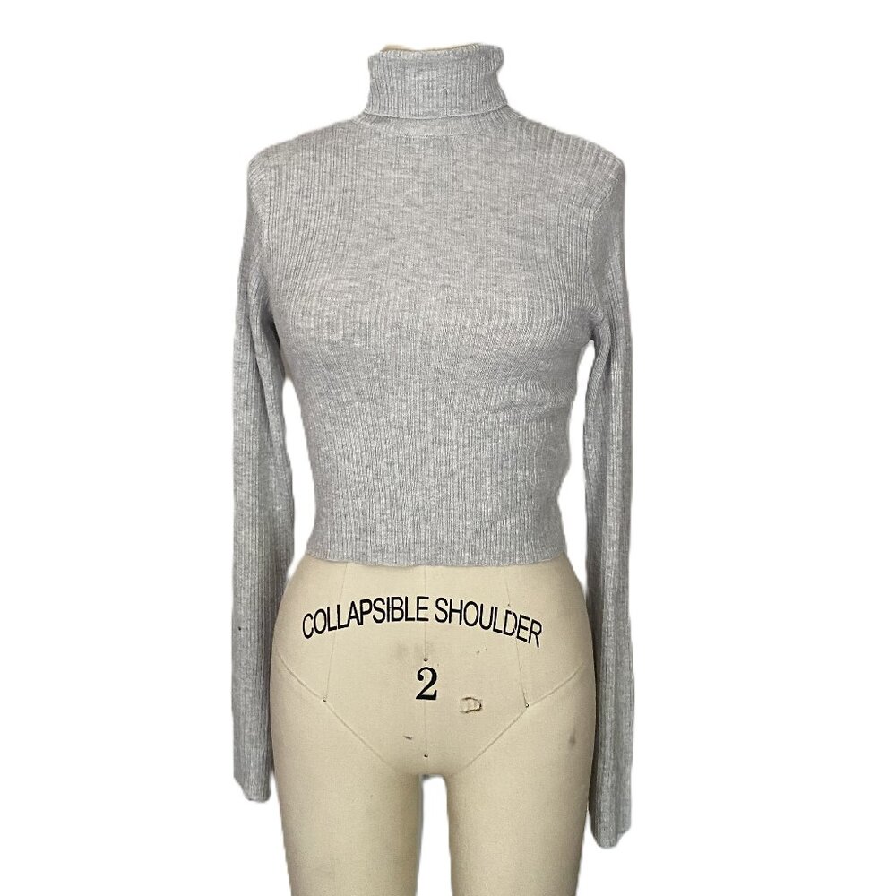 STREETWEAR SOCIETY Gray ribbed knit RETRO 1990s Turtleneck Crop Shirt *MEDIUM*